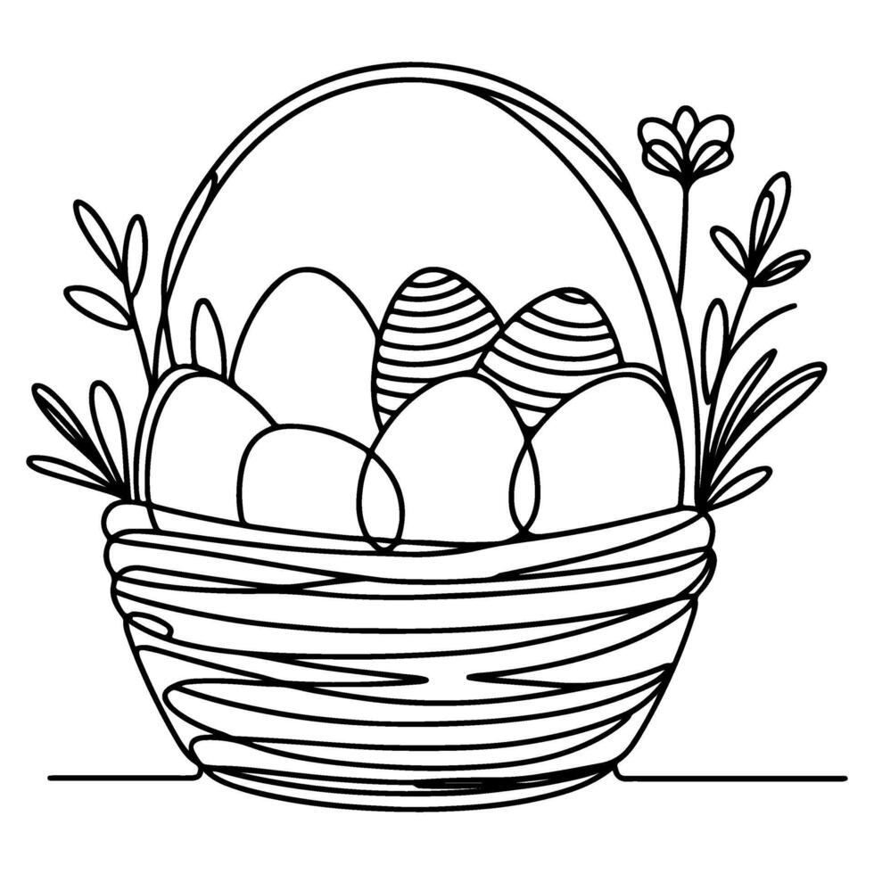 One continuous hand drawing black line basket easter eggs doodle decorated with Many different design for easter egg outline style vector