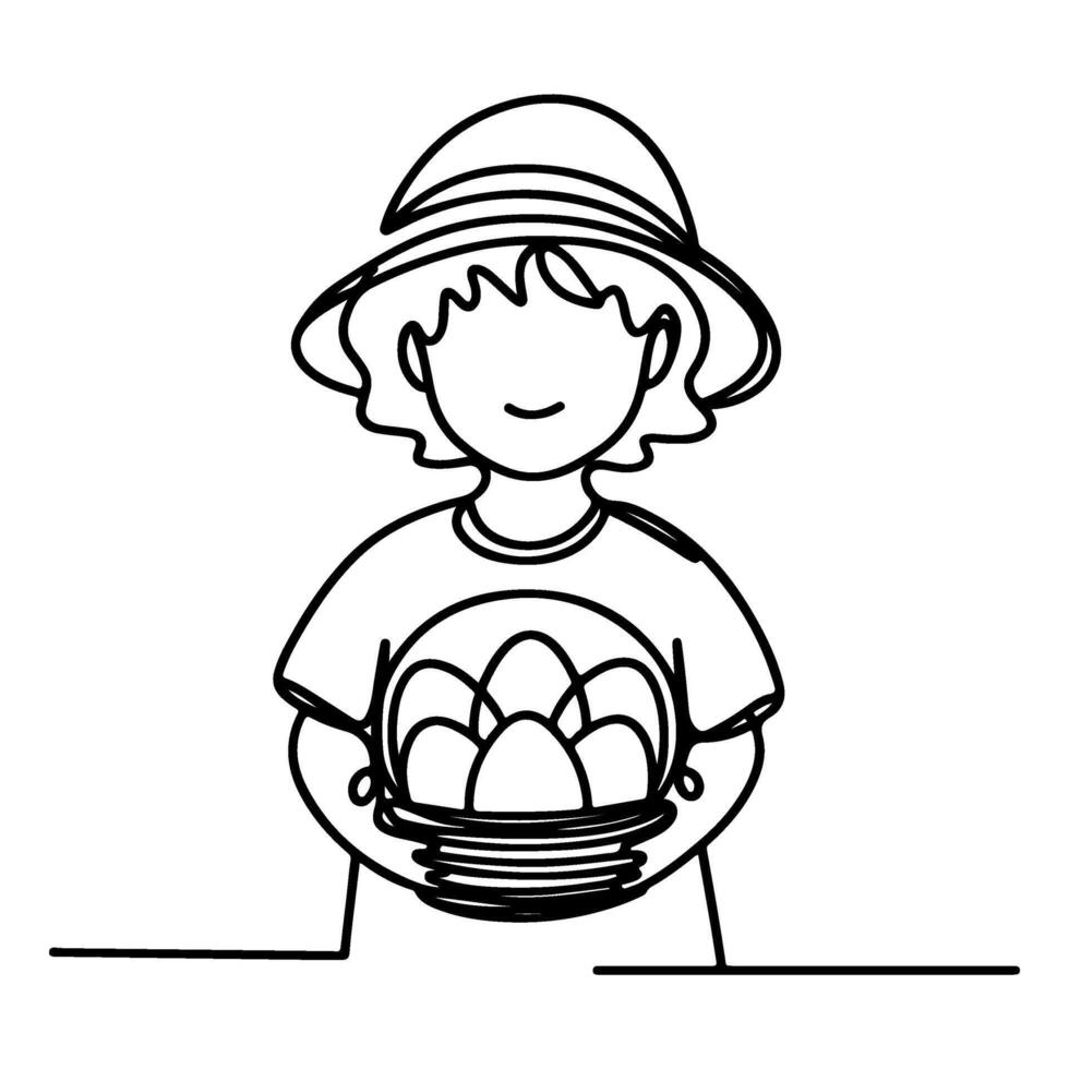 children find and pick up eggs hunt. Hand drawn bunny continuous black line drawing art. Kid carries basket easter egg doodle coloring vector illustration elements.