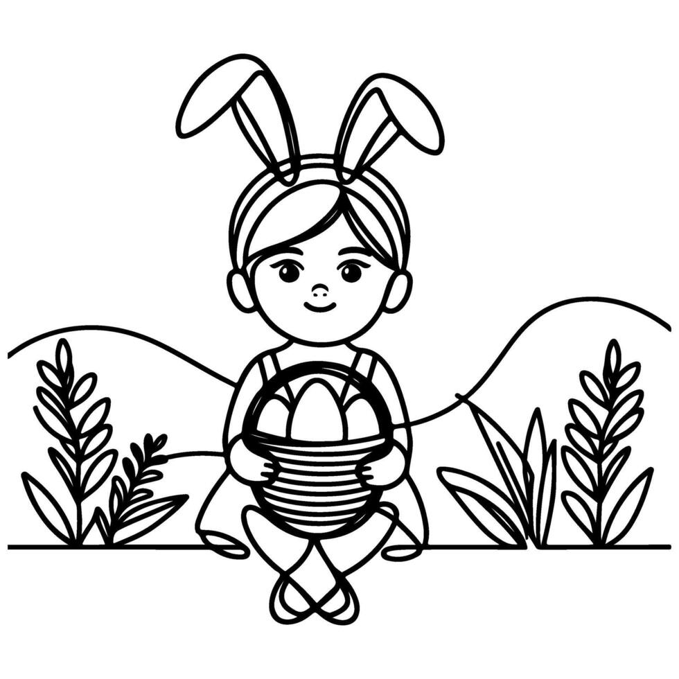 children find and pick up eggs hunt. Hand drawn bunny continuous black line drawing art. Kid carries basket easter egg doodle coloring vector illustration elements.