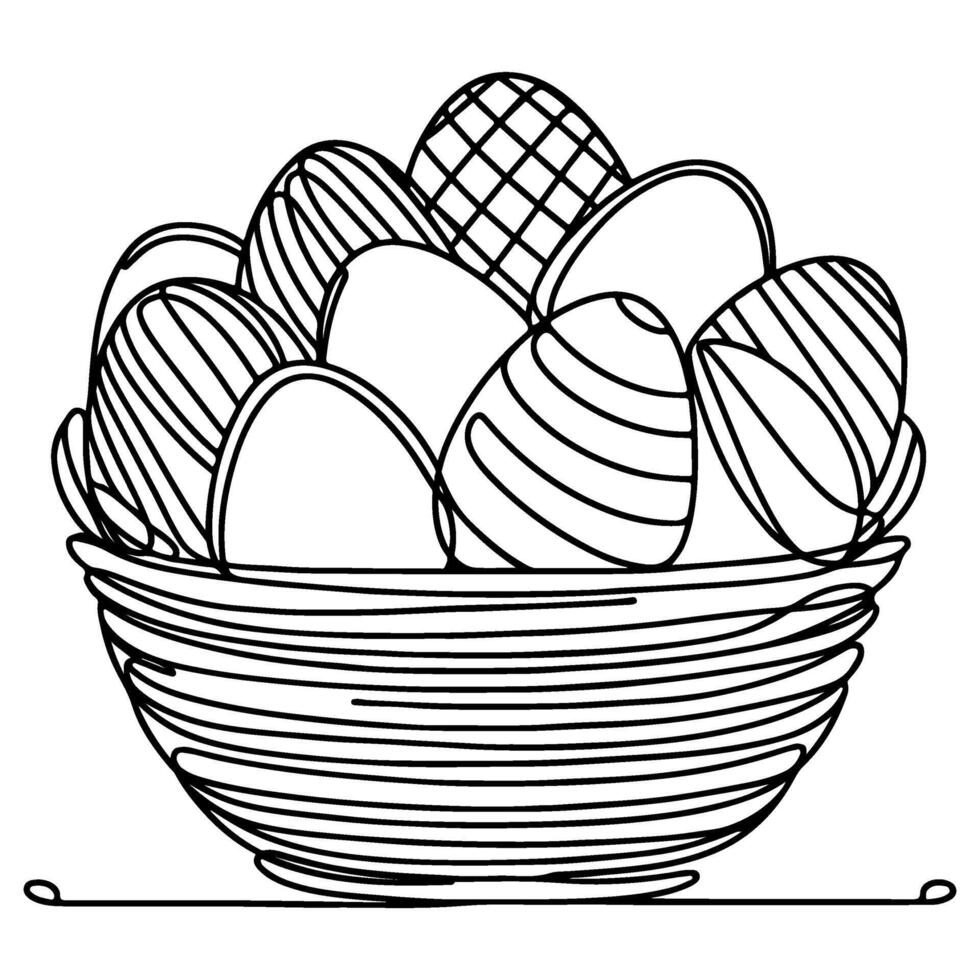 One continuous hand drawing black line basket easter eggs doodle decorated with Many different design for easter egg outline style vector