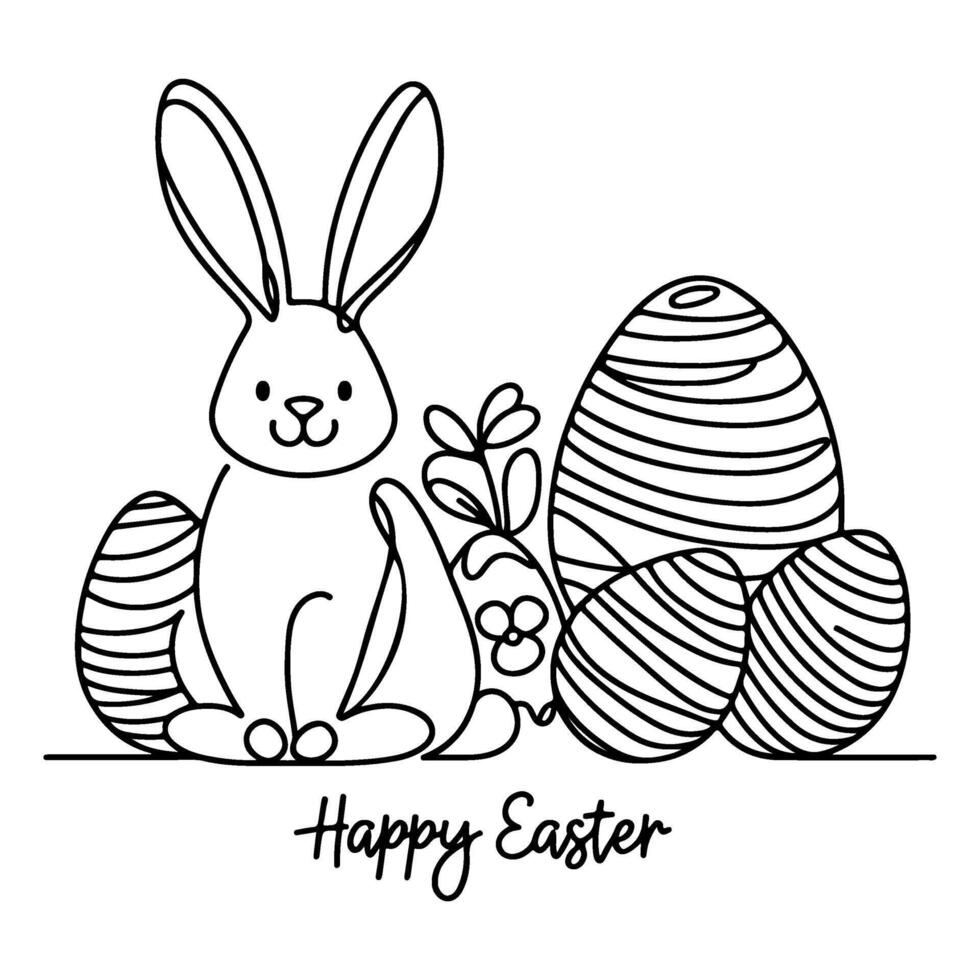 Hand drawn black line art rabbit easter egg doodle coloring linear style vector illustration elements. one continuous line drawing bunny with eggs Editable stroke outline