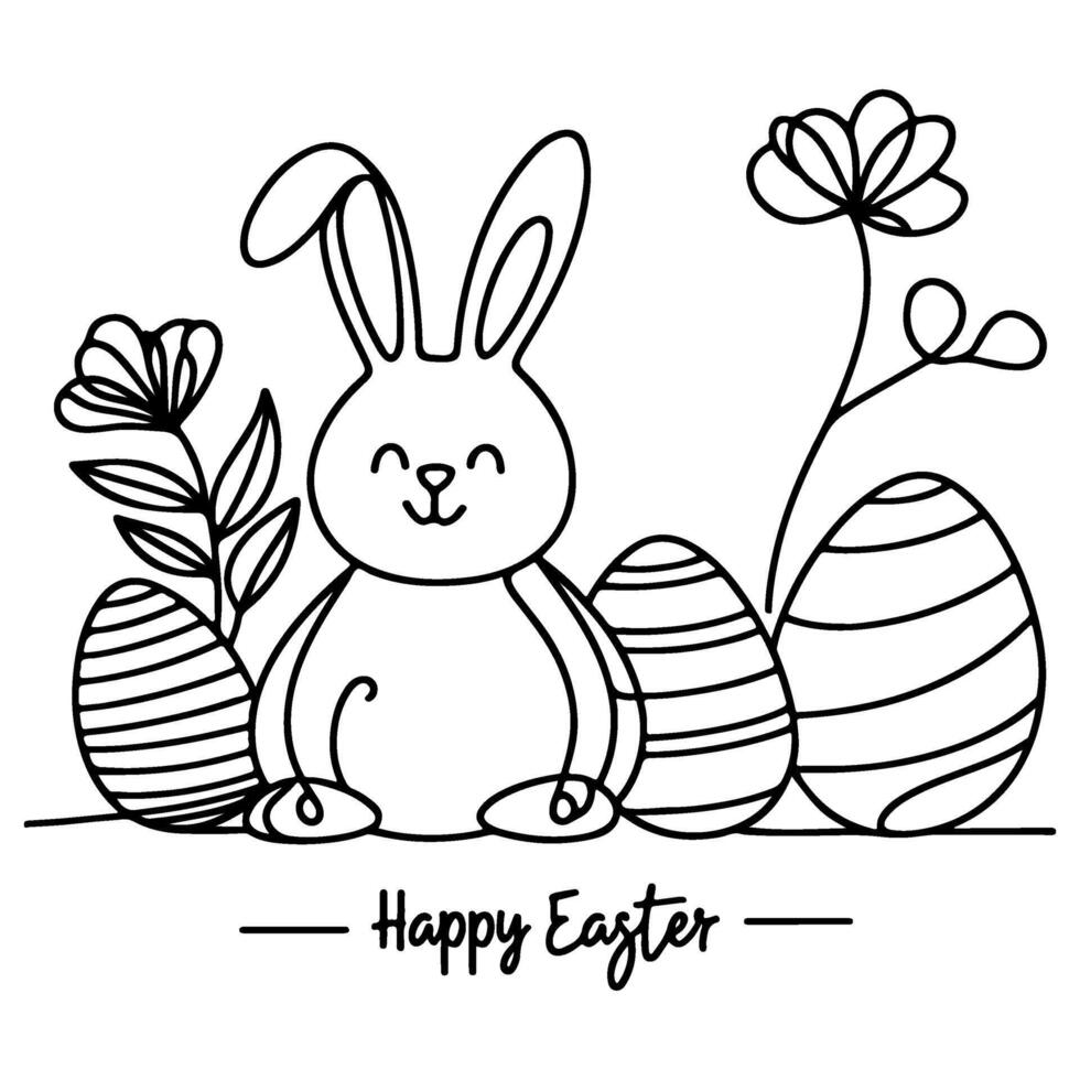 Hand drawn black line art rabbit easter egg doodle coloring linear style vector illustration elements. one continuous line drawing bunny with eggs Editable stroke outline