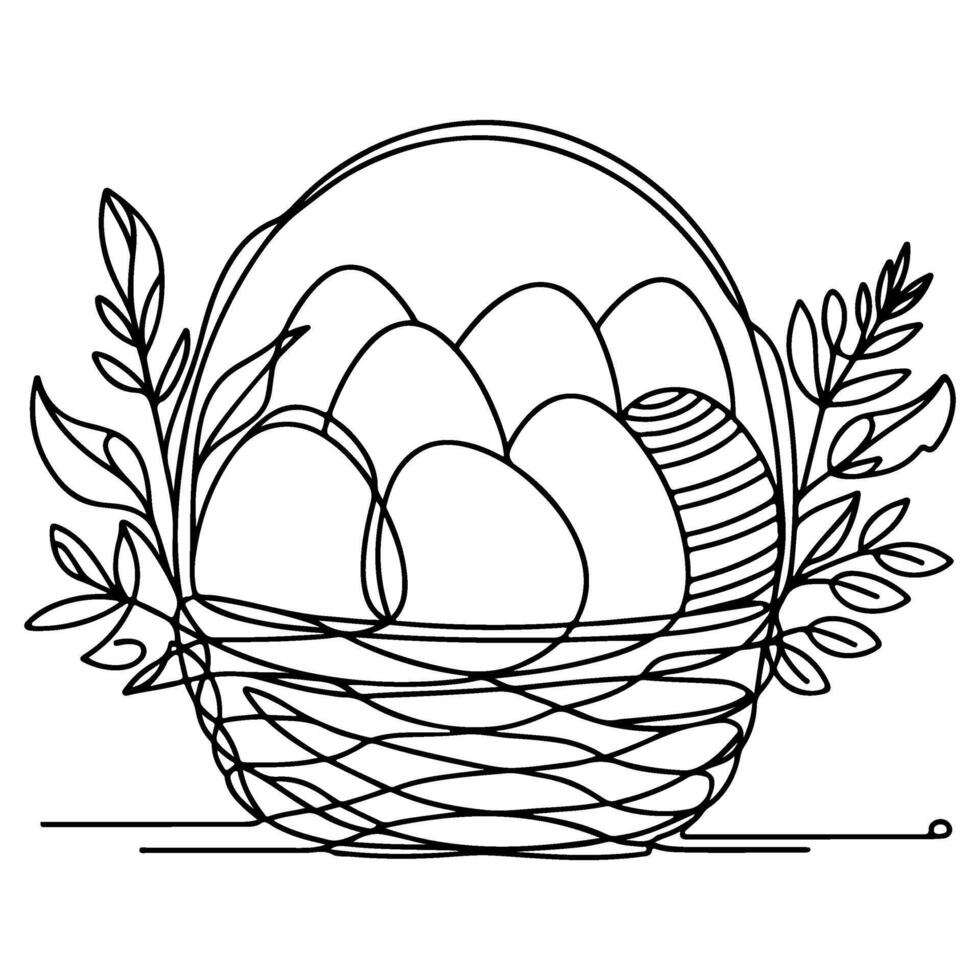 One continuous hand drawing black line basket easter eggs doodle decorated with Many different design for easter egg outline style vector