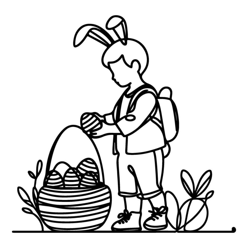 children find and pick up eggs hunt. Hand drawn bunny continuous black line drawing art. Kid carries basket easter egg doodle coloring vector illustration elements.