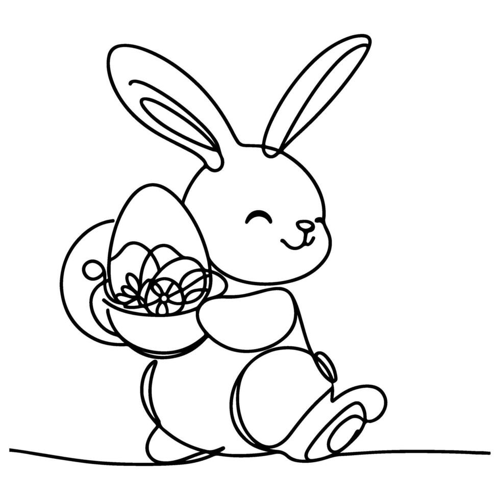 Hand drawn black line art rabbit easter egg doodle coloring linear style vector illustration elements. one continuous line drawing bunny with eggs Editable stroke outline