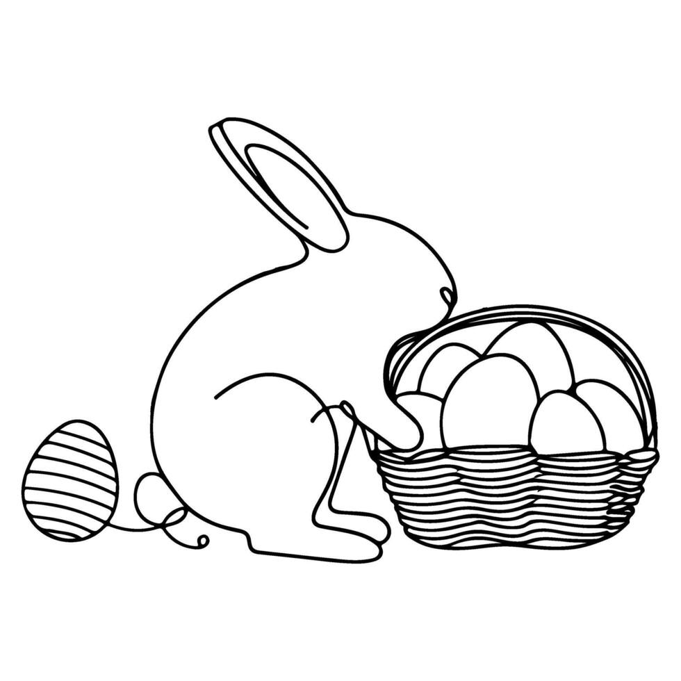 Hand drawn black line art rabbit easter egg doodle coloring linear style vector illustration elements. one continuous line drawing bunny with eggs Editable stroke outline