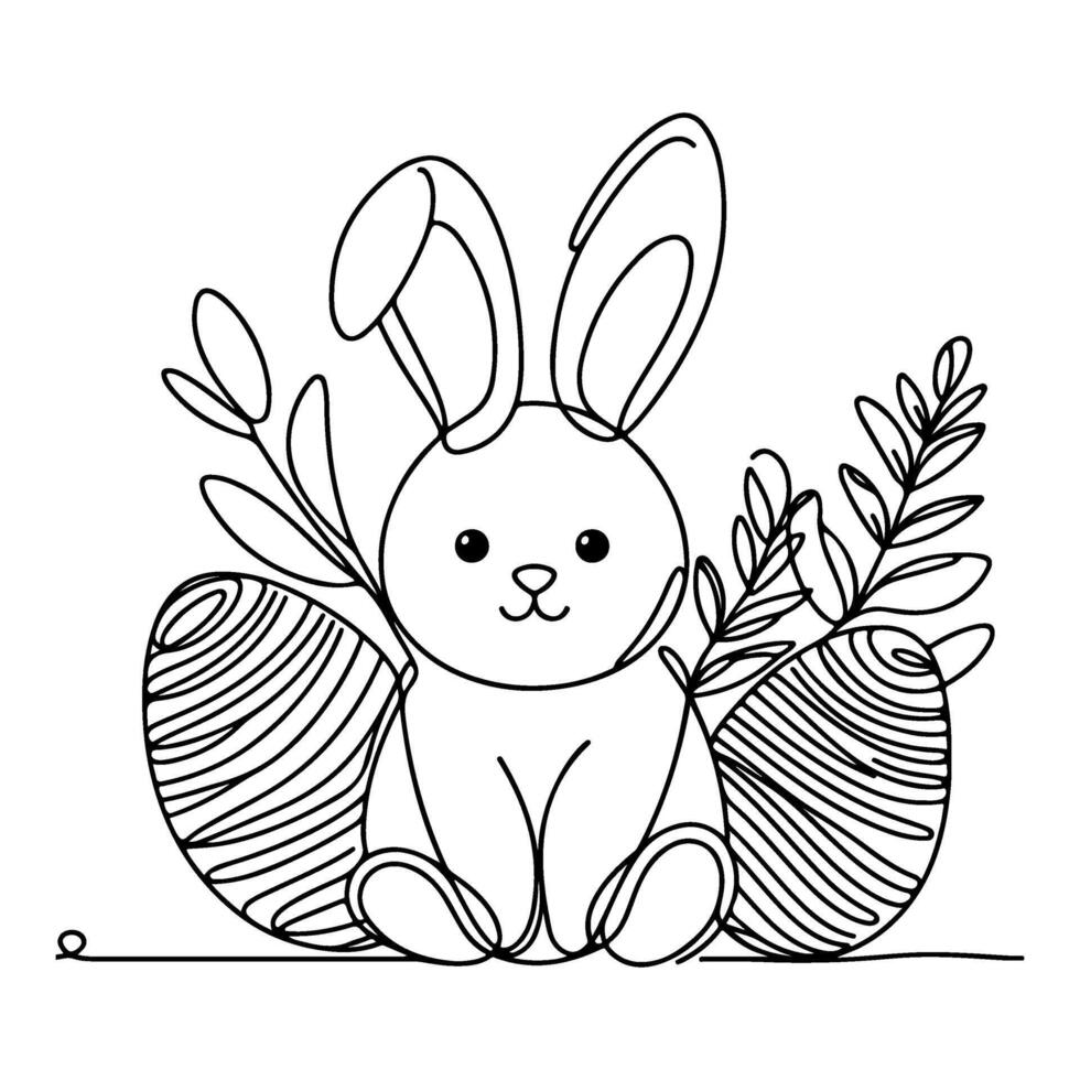 Hand drawn black line art rabbit easter egg doodle coloring linear style vector illustration elements. one continuous line drawing bunny with eggs Editable stroke outline