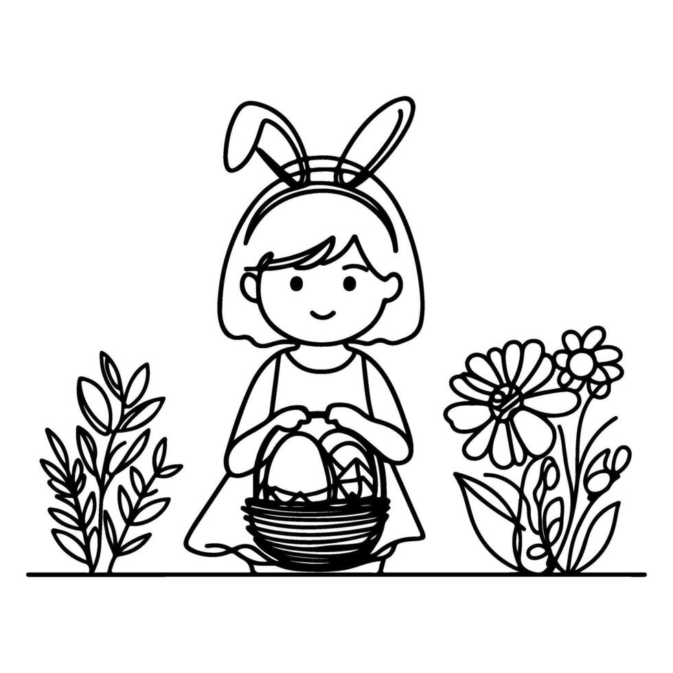 children find and pick up eggs hunt. Hand drawn bunny continuous black line drawing art. Kid carries basket easter egg doodle coloring vector illustration elements.