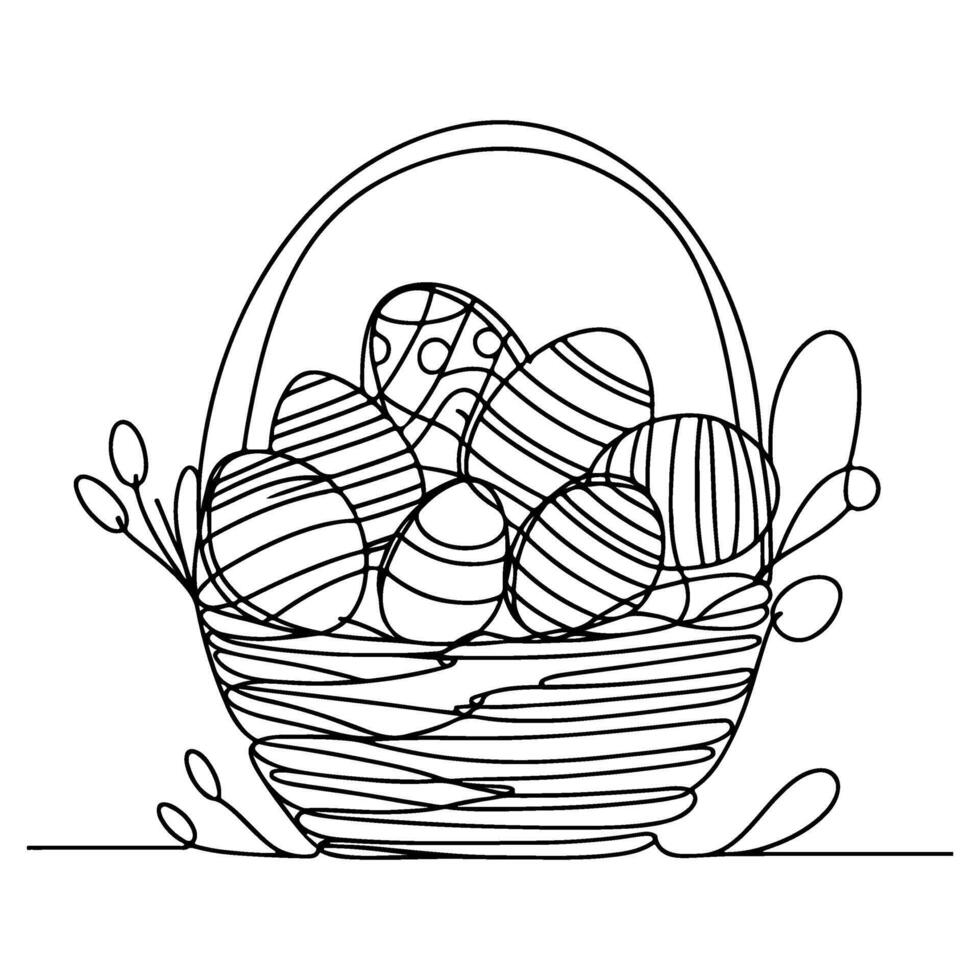 One continuous hand drawing black line basket easter eggs doodle decorated with Many different design for easter egg outline style vector