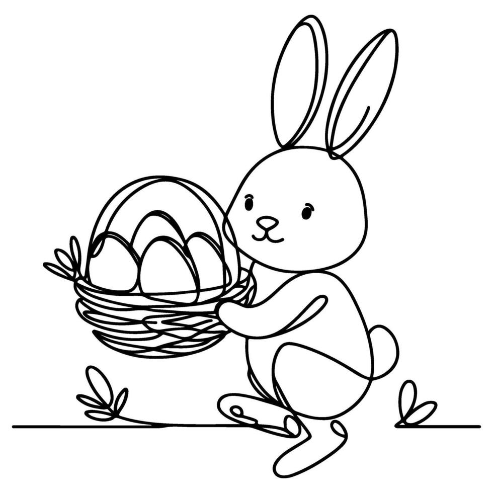 Hand drawn black line art rabbit easter egg doodle coloring linear style vector illustration elements. one continuous line drawing bunny with eggs Editable stroke outline