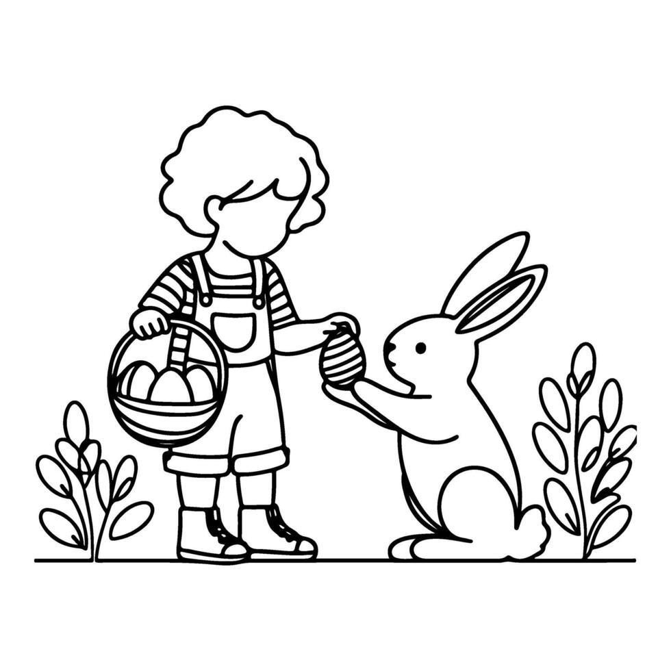 children find and pick up eggs hunt. Hand drawn bunny continuous black line drawing art. Kid carries basket easter egg doodle coloring vector illustration elements.