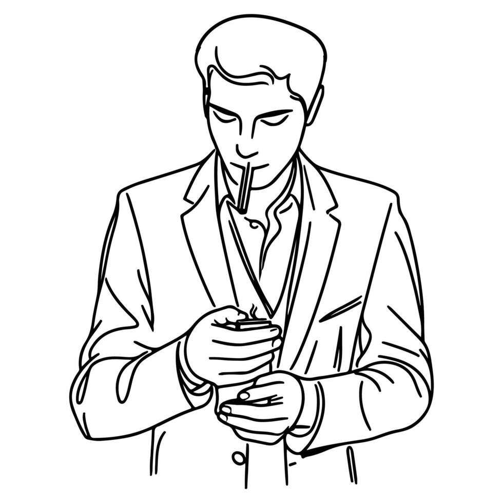 continuous line hand drawing Close up man smoking cigarette vector on white background