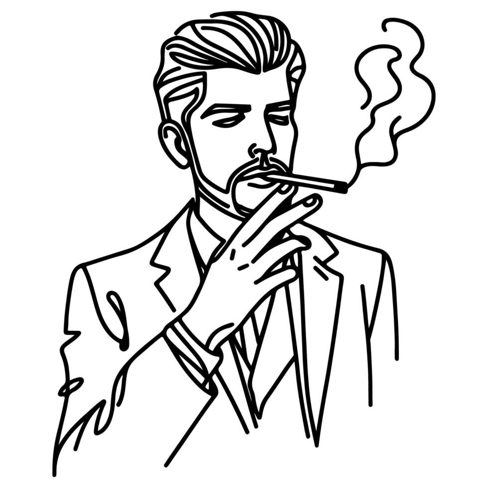 continuous line hand drawing Close up man smoking cigarette vector on white background