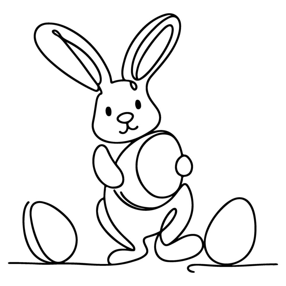 Hand drawn black line art rabbit easter egg doodle coloring linear style vector illustration elements. one continuous line drawing bunny with eggs Editable stroke outline