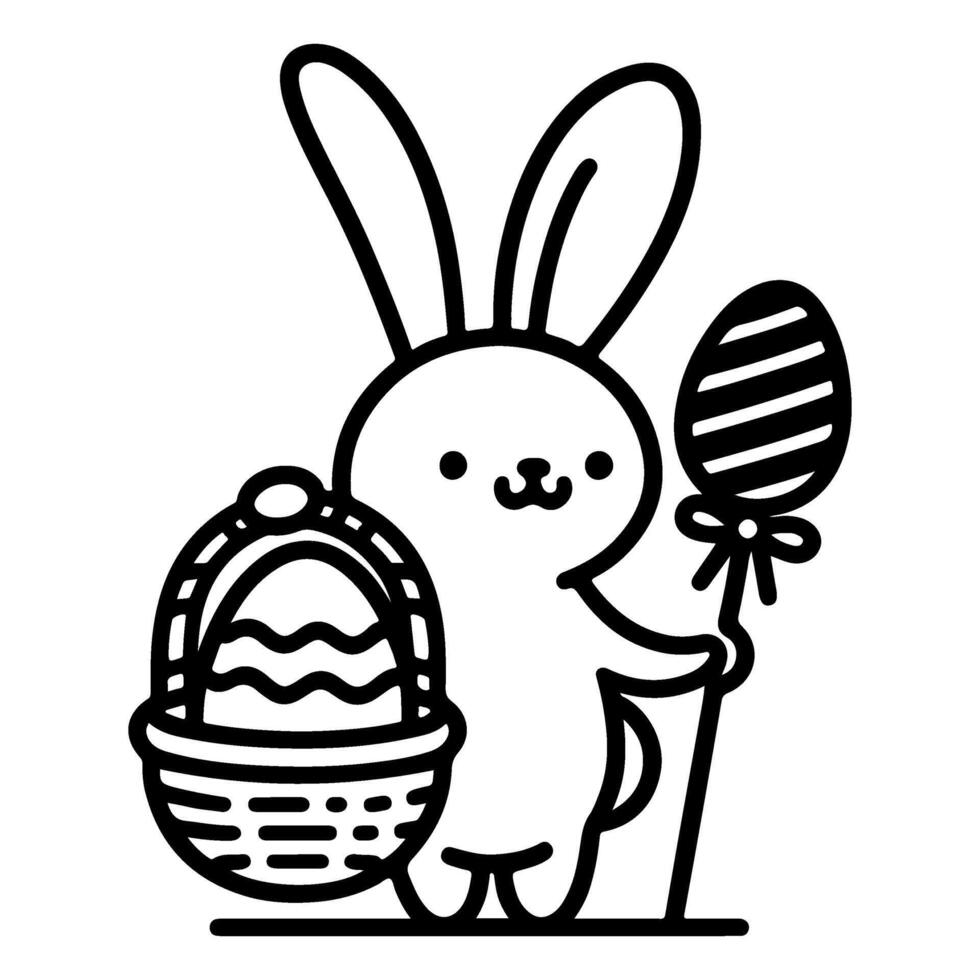 Hand drawn black line art rabbit easter egg doodle coloring linear style vector illustration elements. one continuous line drawing bunny with eggs Editable stroke outline