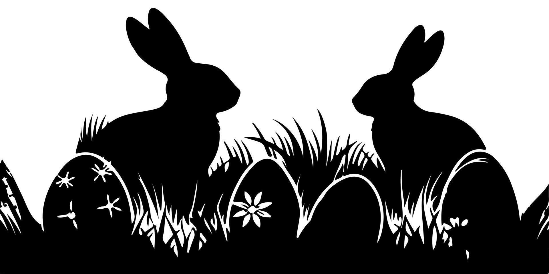 Happy easter egg day with kids, bunny. Rabbit and black grass silhouette seamless on transparent background vector