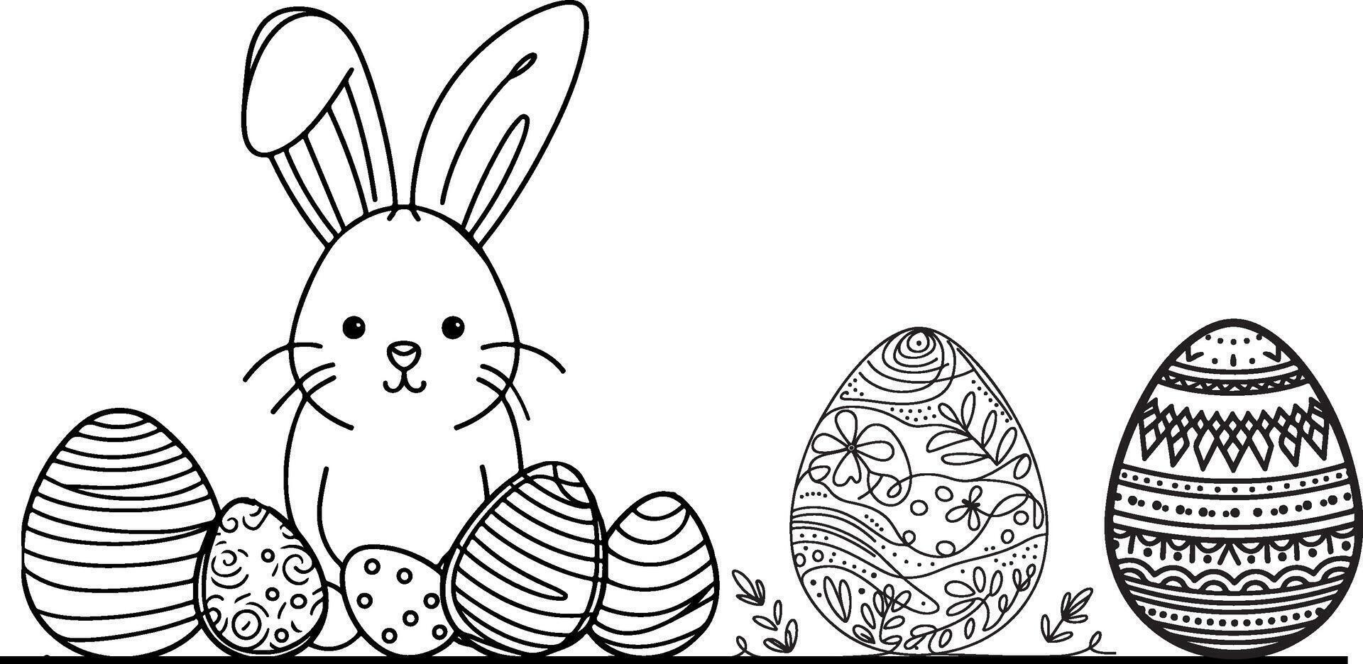 Hand drawn black line art rabbit easter egg doodle coloring linear style vector illustration elements. one continuous line drawing bunny with eggs Editable stroke outline