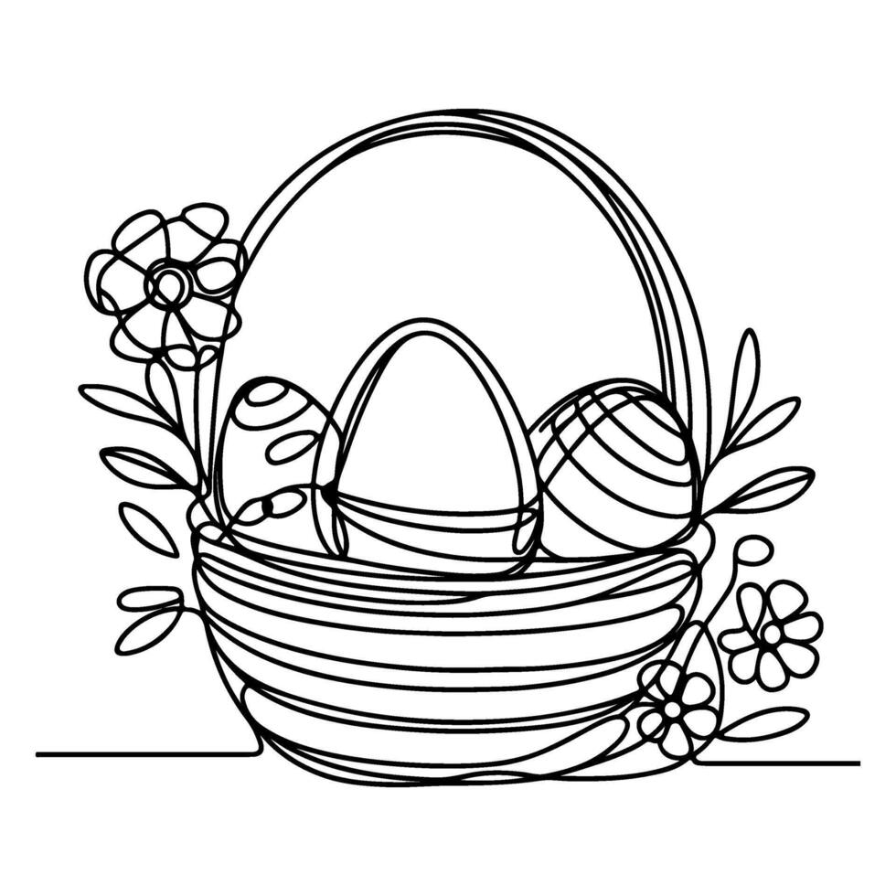 One continuous hand drawing black line basket easter eggs doodle decorated with Many different design for easter egg outline style vector
