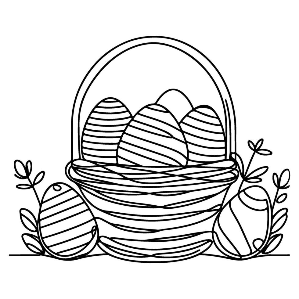 One continuous hand drawing black line basket easter eggs doodle decorated with Many different design for easter egg outline style vector