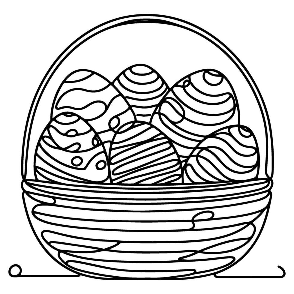 One continuous hand drawing black line basket easter eggs doodle decorated with Many different design for easter egg outline style vector
