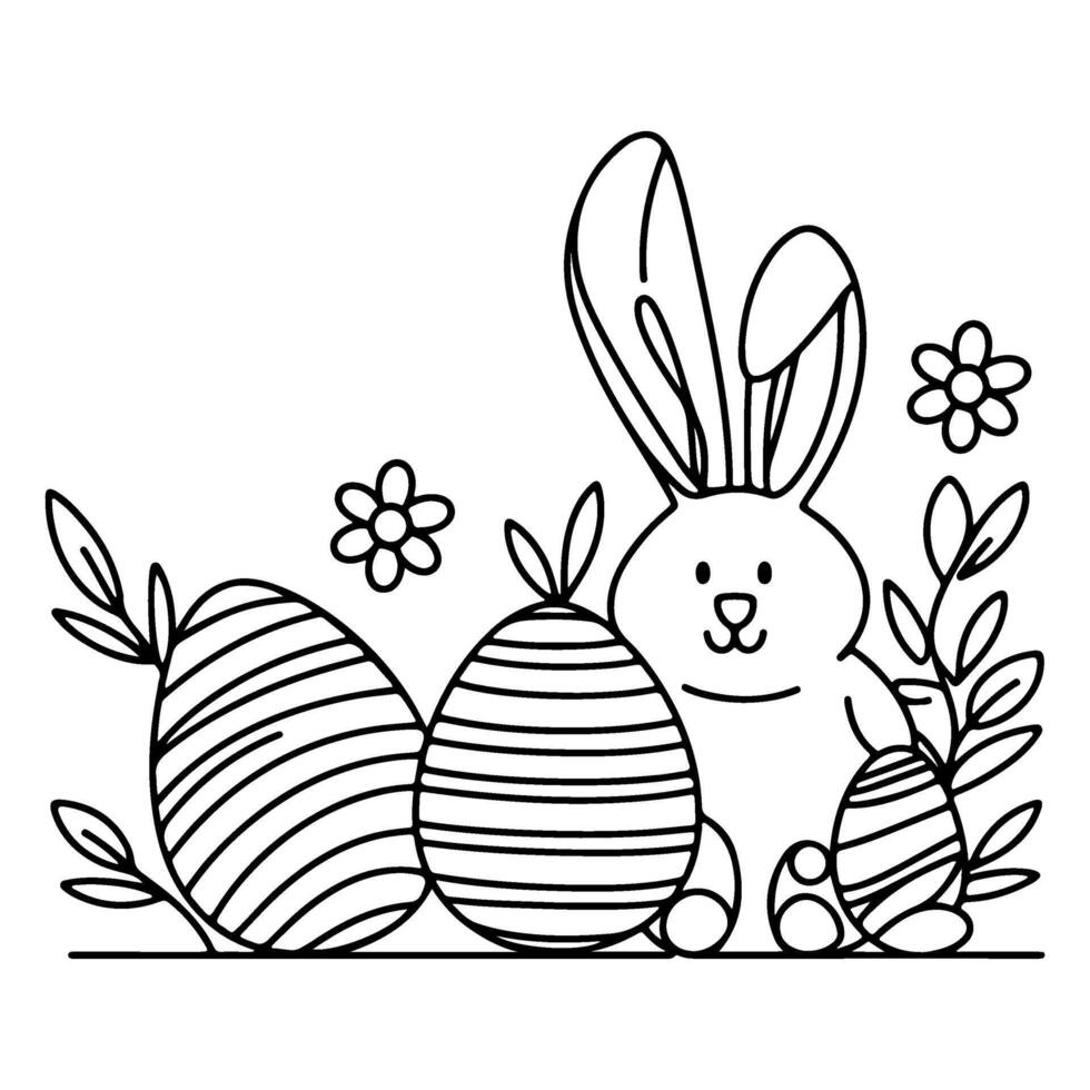 Hand drawn black line art rabbit easter egg doodle coloring linear style vector illustration elements. one continuous line drawing bunny with eggs Editable stroke outline