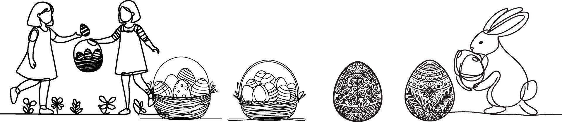 One continuous hand drawing black line art basket, easter egg, bunny, kids, doodle decorated. design for rabbit easter egg outline style vector