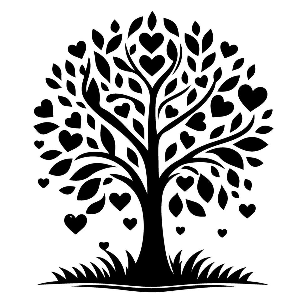 Black love tree with heart leaves. hand draw Valentine tree silhouette clip art isolated on white background, vector illustration