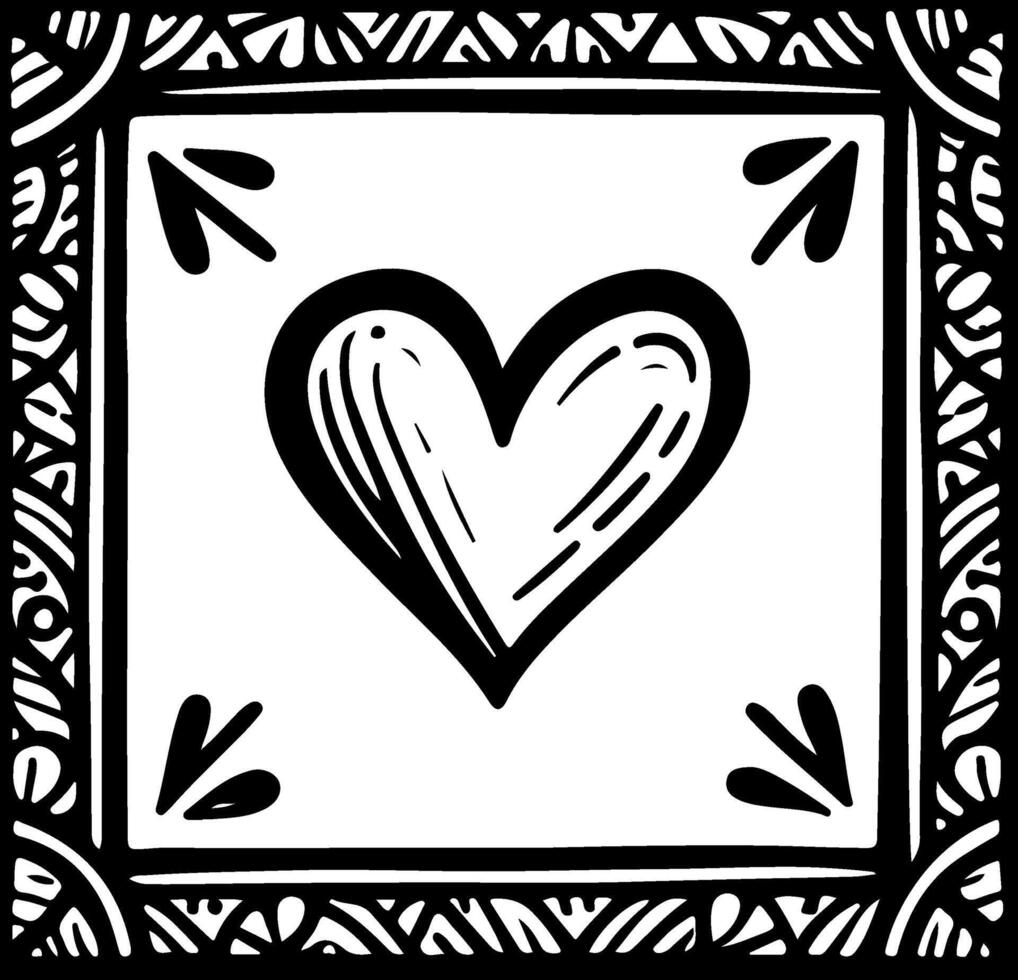 Hand drawn black lines art simple square heart shape border frame. Doodle sketch style decorative element vector for banner, poster, wedding