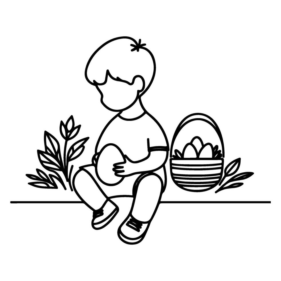 children find and pick up eggs hunt. Hand drawn bunny continuous black line drawing art. Kid carries basket easter egg doodle coloring vector illustration elements.