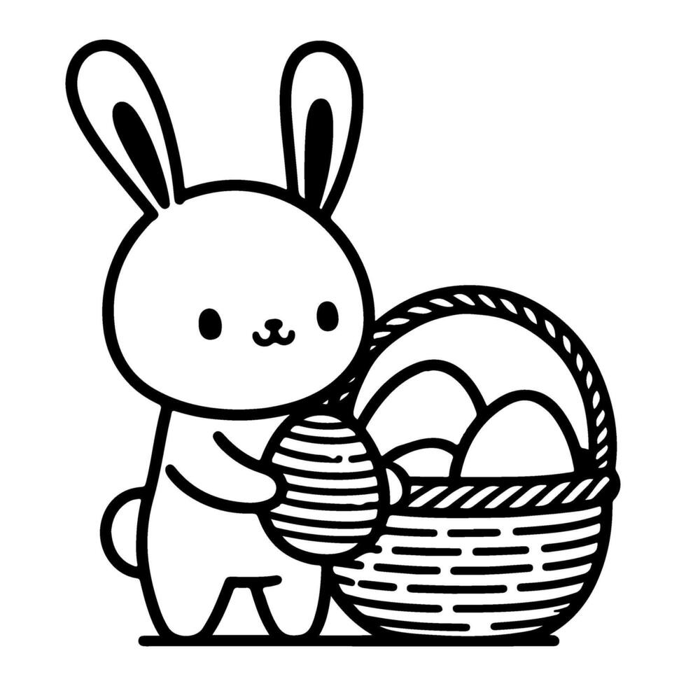 Hand drawn black line art rabbit easter egg doodle coloring linear style vector illustration elements. one continuous line drawing bunny with eggs Editable stroke outline