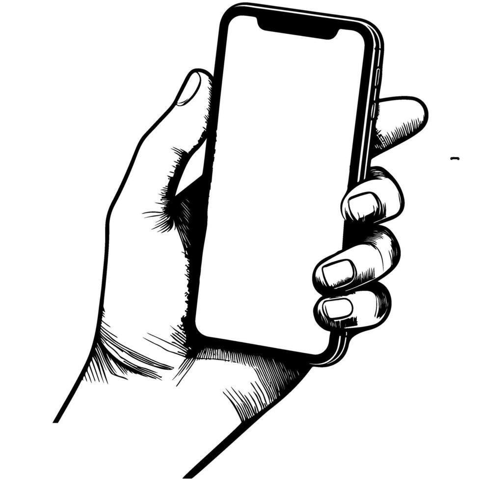 Close up hand holding modern smart phone mockup. Continuous black single lines drawing art icon. Finger touching blank screen transparent background vector