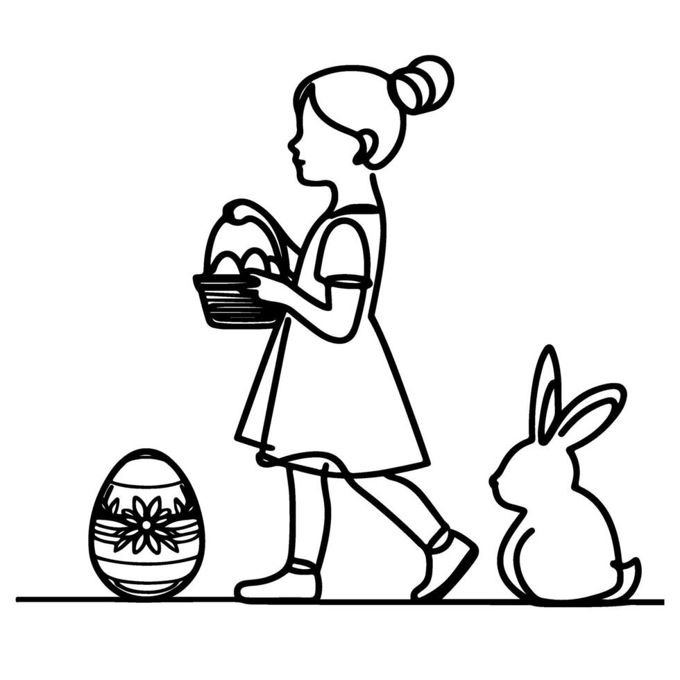 children find and pick up eggs hunt. Hand drawn bunny continuous black line drawing art. Kid carries basket easter egg doodle coloring vector illustration elements.