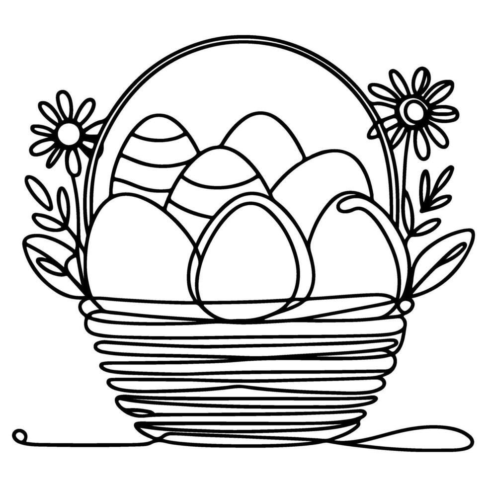 One continuous hand drawing black line basket easter eggs doodle decorated with Many different design for easter egg outline style vector