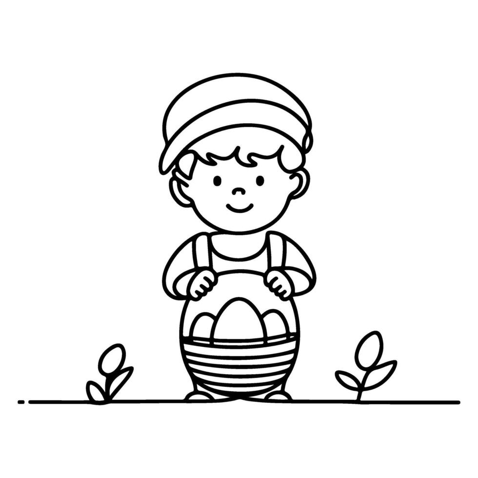 children find and pick up eggs hunt. Hand drawn bunny continuous black line drawing art. Kid carries basket easter egg doodle coloring vector illustration elements.