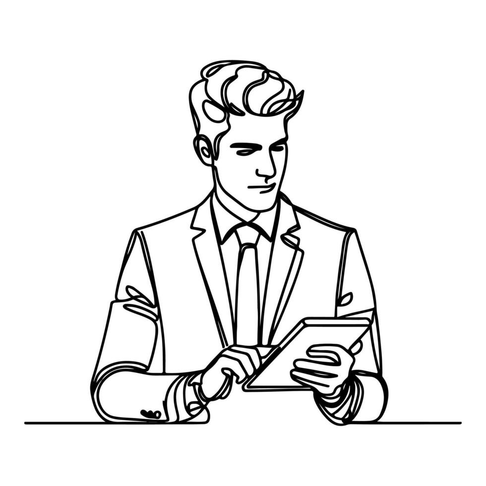 Business man hand holding modern smart phone mockup. Continuous black single lines drawing art icon. Finger touching blank screen transparent background vector