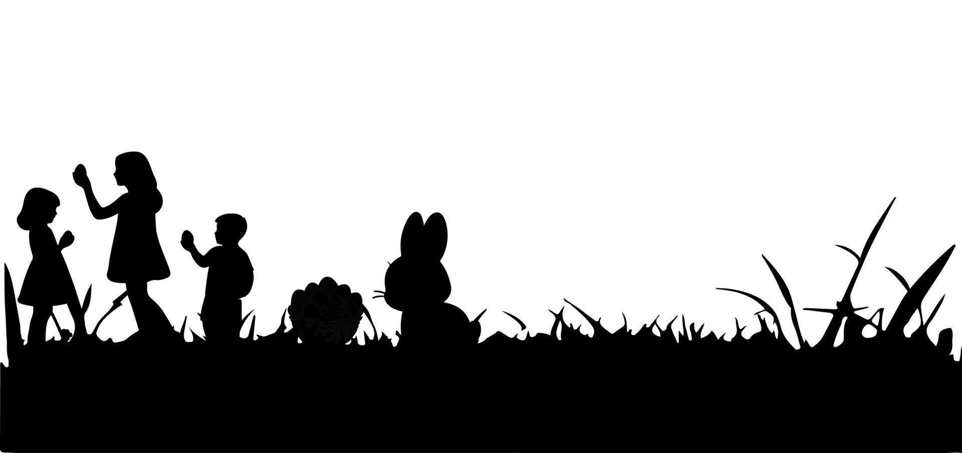 Happy easter egg day with kids, bunny. Rabbit and grass silhouette seamless on transparent background vector