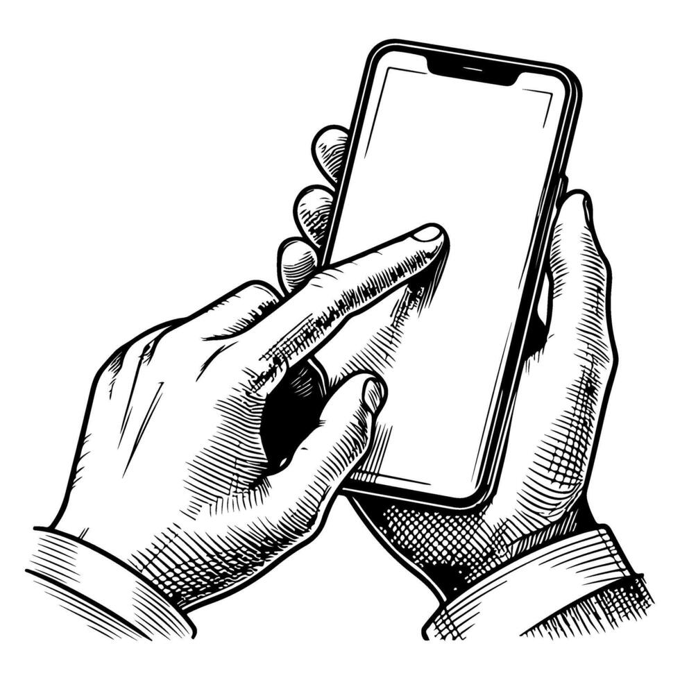 Close up hand holding modern smart phone mockup. Continuous black single lines drawing art icon. Finger touching blank screen transparent background vector