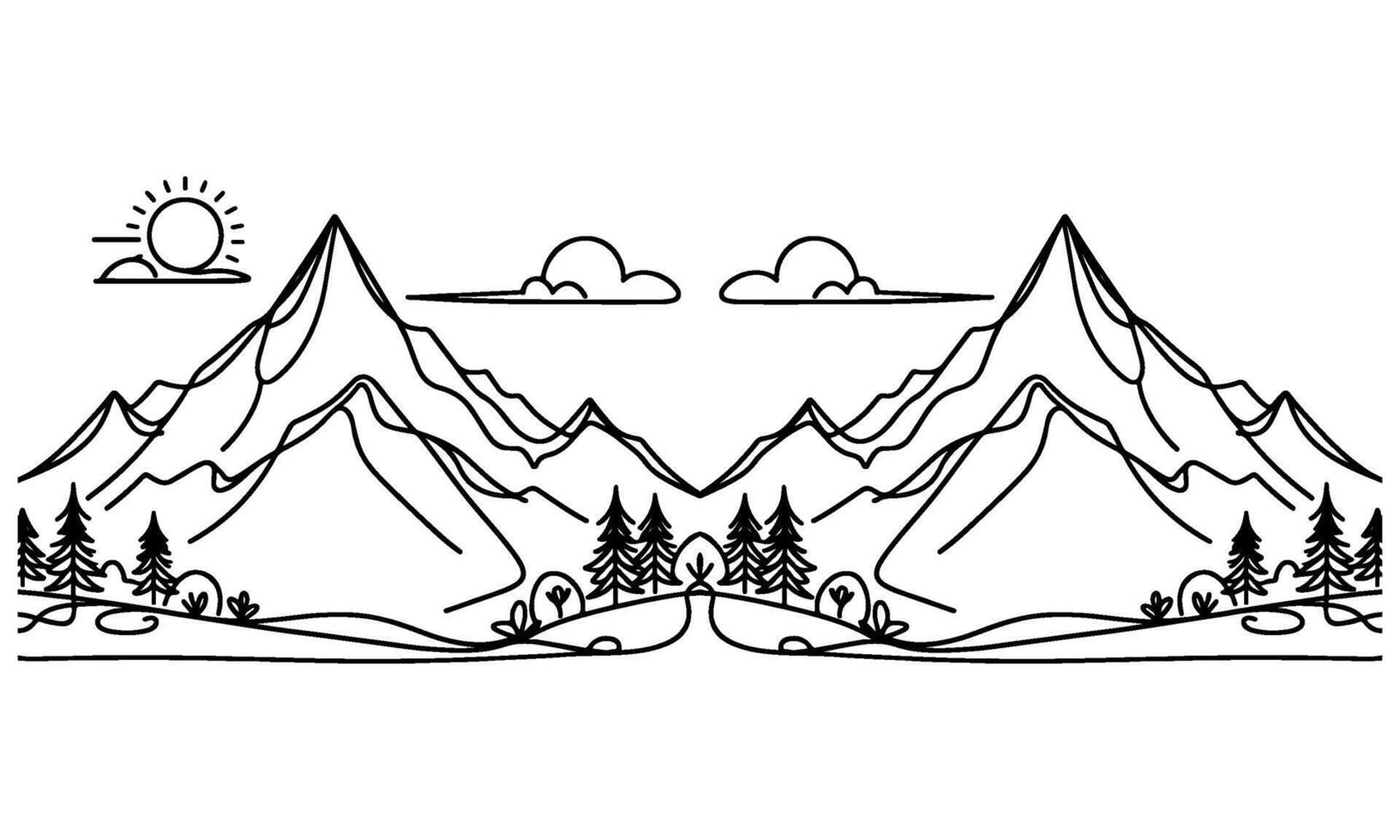 drawing mountain with forest pine trees landscape black line Sketch art Hand drawn linear style vector illustration