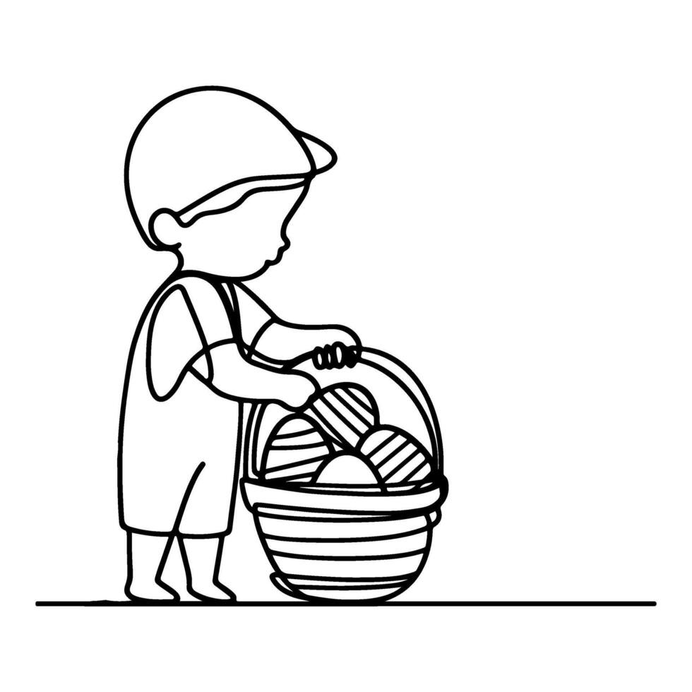 children find and pick up eggs hunt. Hand drawn bunny continuous black line drawing art. Kid carries basket easter egg doodle coloring vector illustration elements.