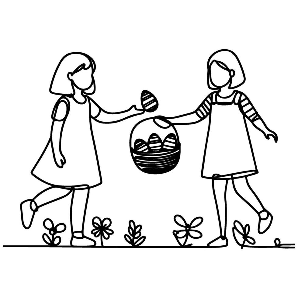 children find and pick up eggs hunt. Hand drawn bunny continuous black line drawing art. Kid carries basket easter egg doodle coloring vector illustration elements.