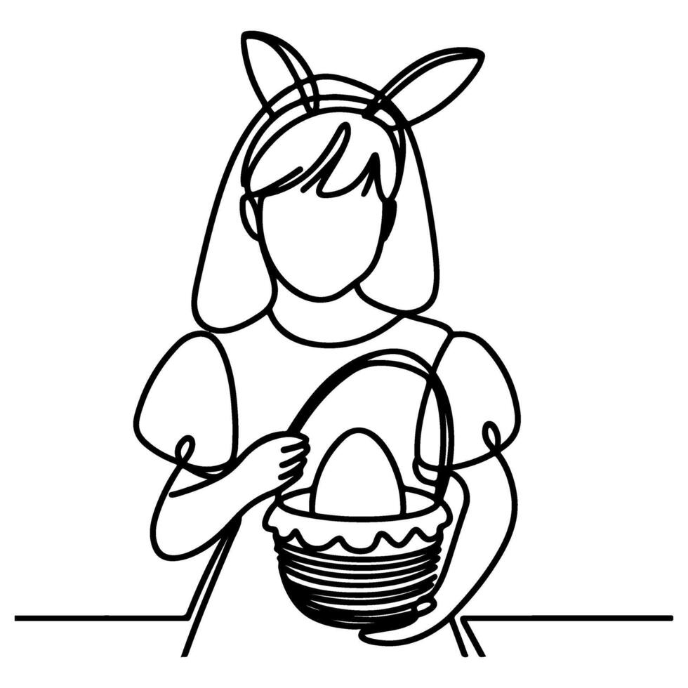 children find and pick up eggs hunt. Hand drawn bunny continuous black line drawing art. Kid carries basket easter egg doodle coloring vector illustration elements.