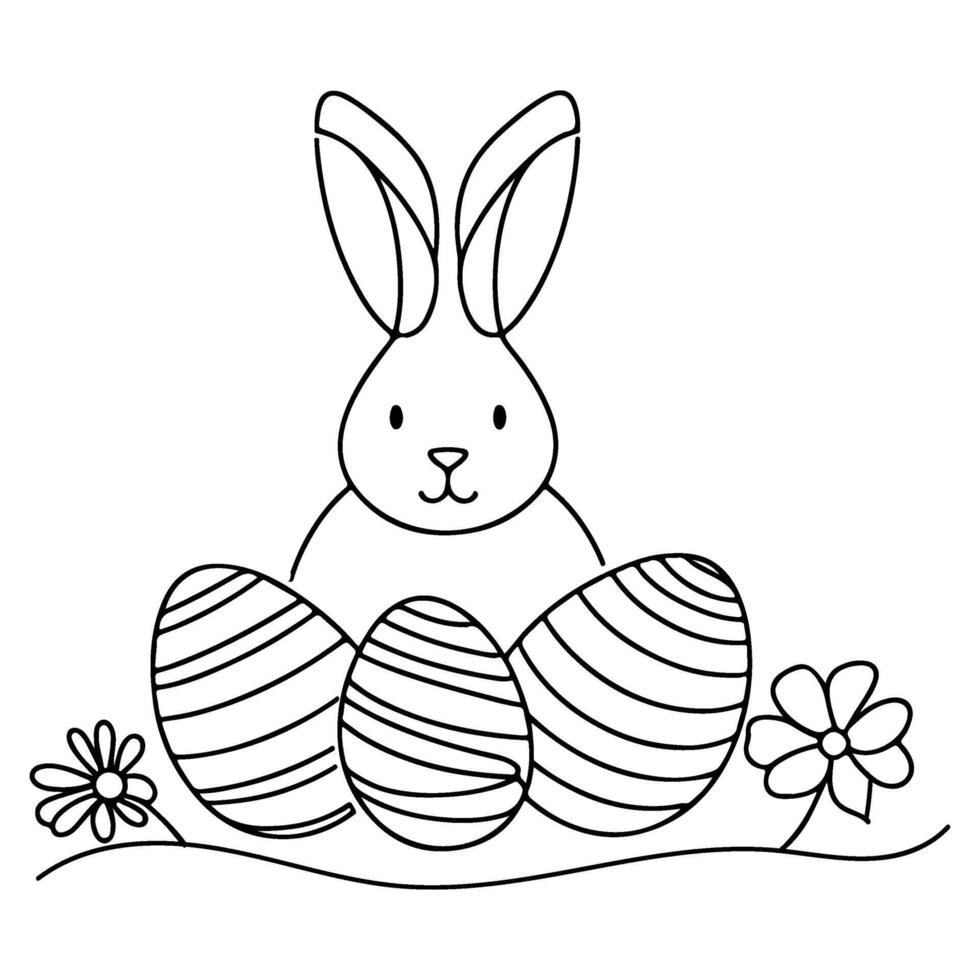 Hand drawn black line art rabbit easter egg doodle coloring linear style vector illustration elements. one continuous line drawing bunny with eggs Editable stroke outline