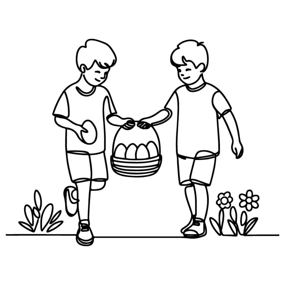 children find and pick up eggs hunt. Hand drawn bunny continuous black line drawing art. Kid carries basket easter egg doodle coloring vector illustration elements.