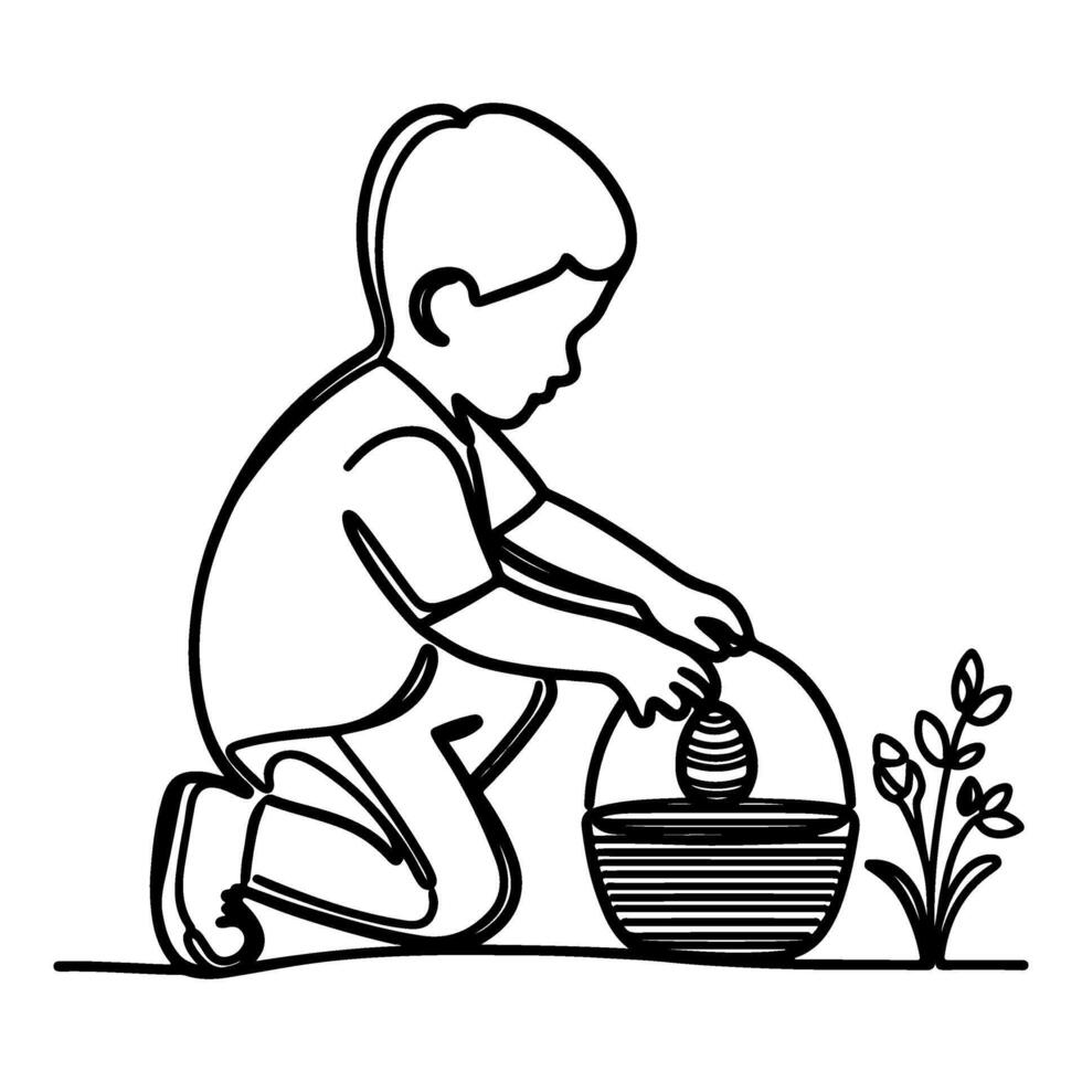 children find and pick up eggs hunt. Hand drawn bunny continuous black line drawing art. Kid carries basket easter egg doodle coloring vector illustration elements.