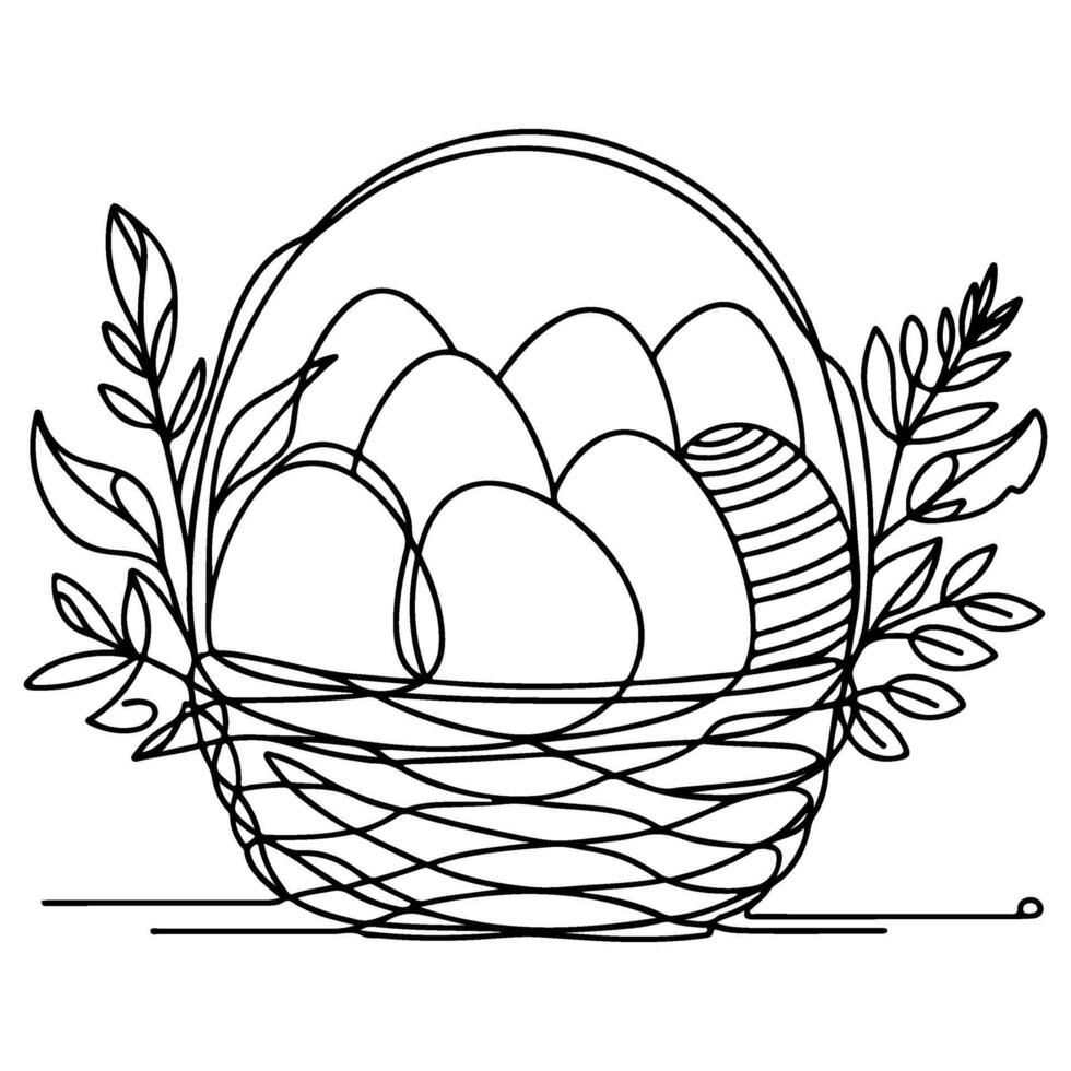 One continuous hand drawing black line basket easter eggs doodle decorated with Many different design for easter egg outline style vector