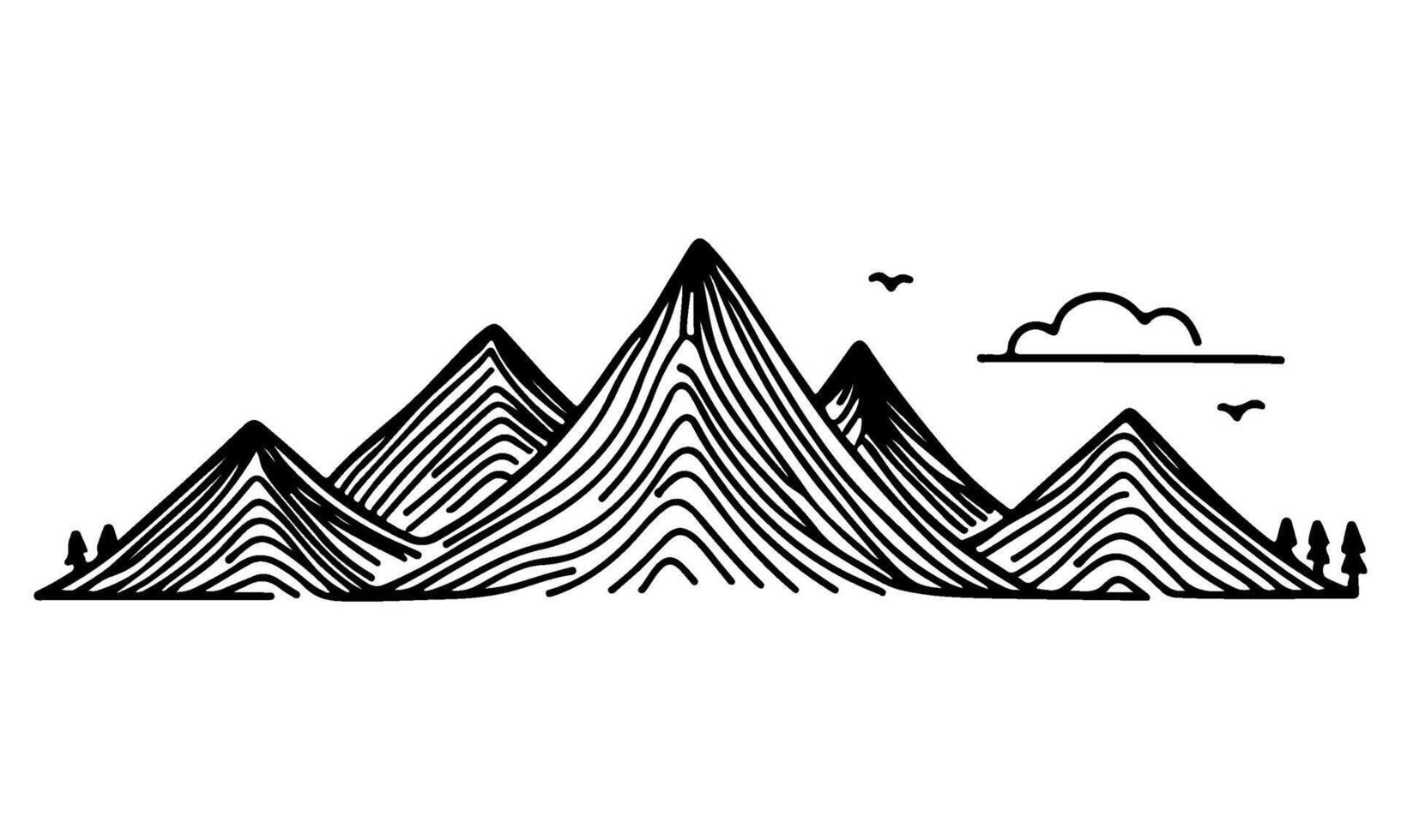 drawing mountain with forest pine trees landscape black line Sketch art Hand drawn linear style vector illustration