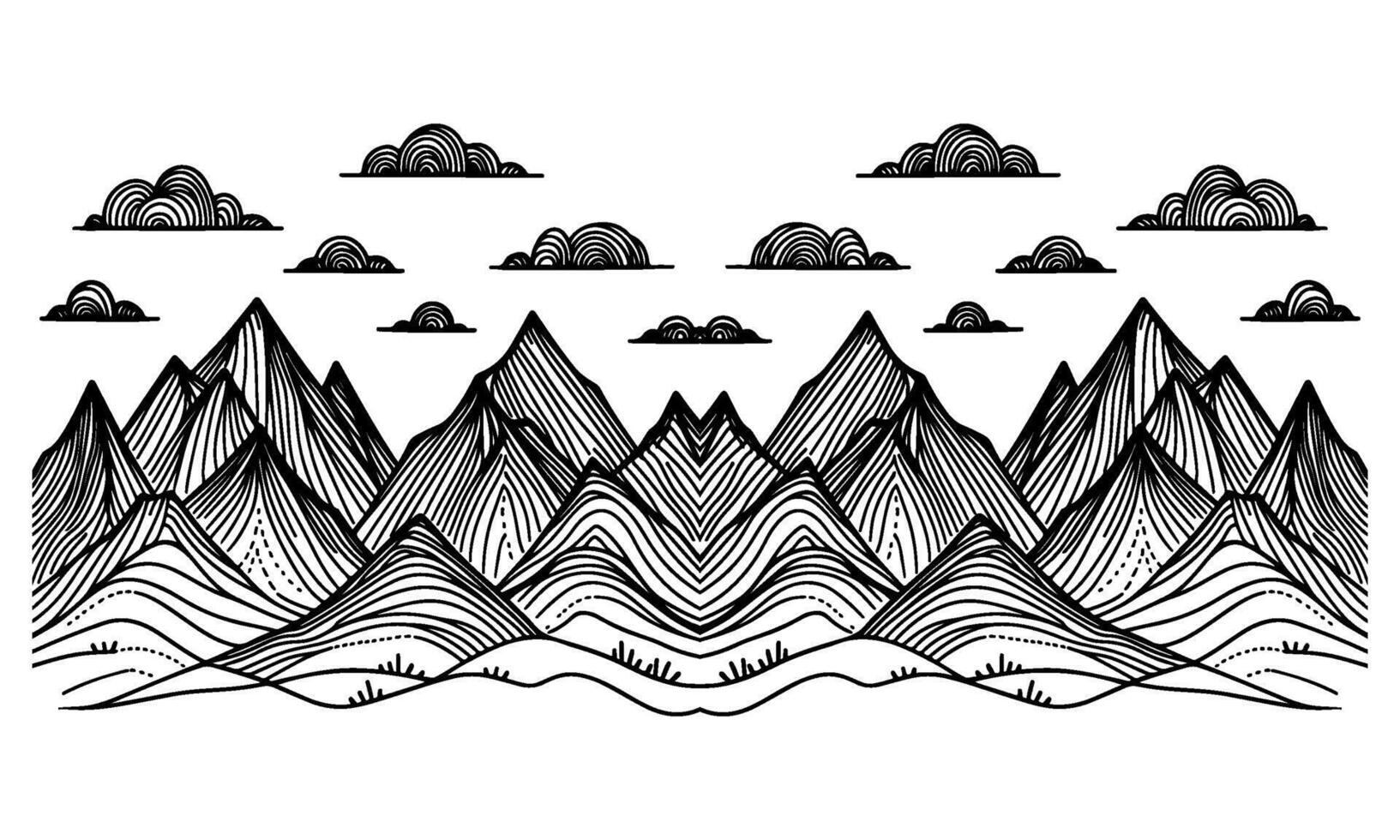 drawing mountain with forest pine trees landscape black line Sketch art Hand drawn linear style vector illustration