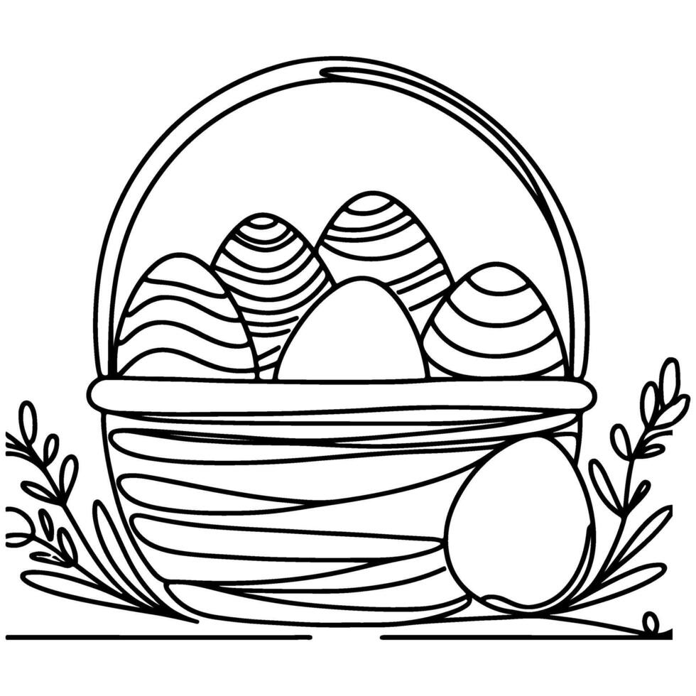 One continuous hand drawing black line basket easter eggs doodle decorated with Many different design for easter egg outline style vector