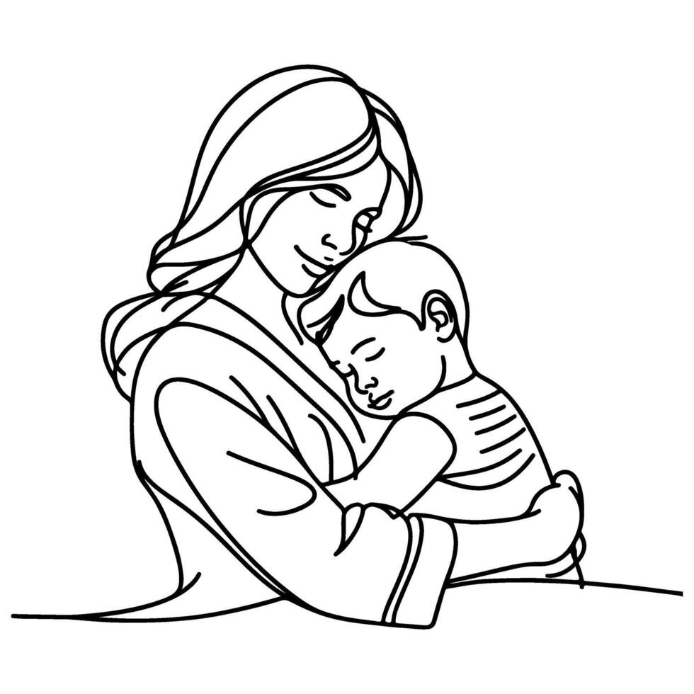 sketch mother hugging small child. Single one black line drawing woman being Hugged By Her children vector illustration