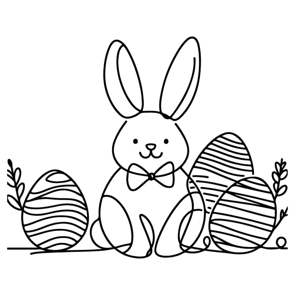 Hand drawn black line art rabbit easter egg doodle coloring linear style vector illustration elements. one continuous line drawing bunny with eggs Editable stroke outline